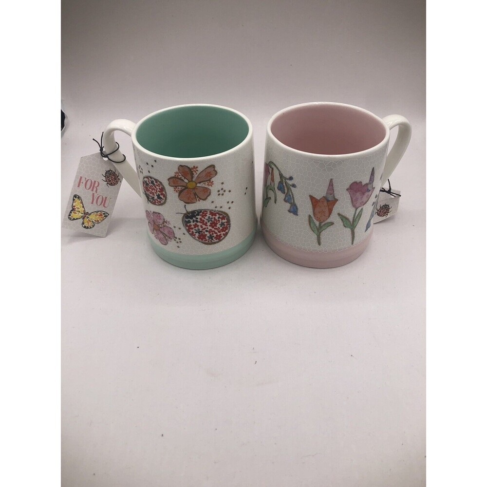 Set Of 2 SEEDS & SUNSHINE COFFEE TEA MUG GNOMES FLORAL /LADY BUGS MINT/PINK 20OZ